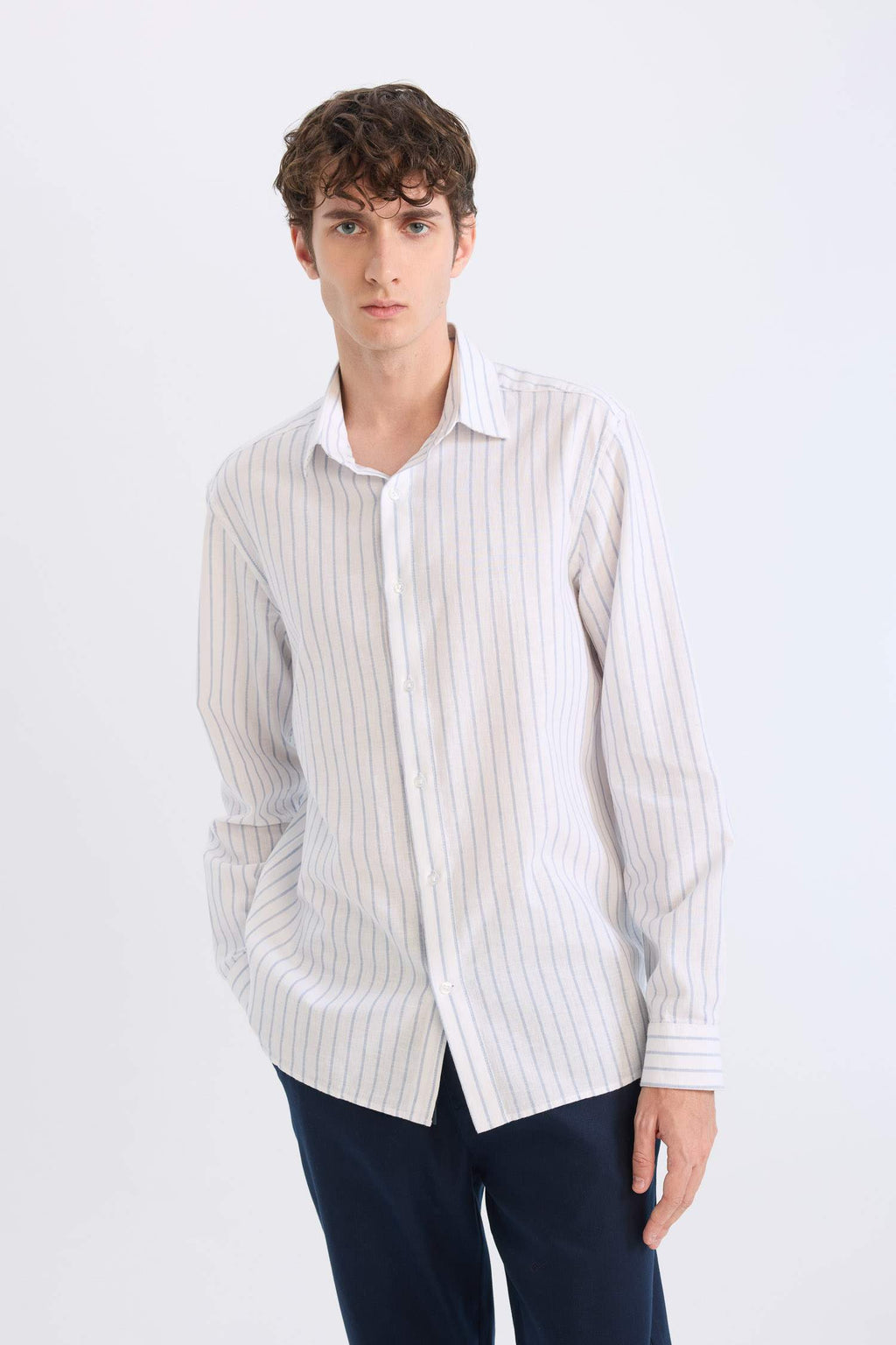 Regular Fit Polo Collar Striped Linen Long Sleeve Shirt