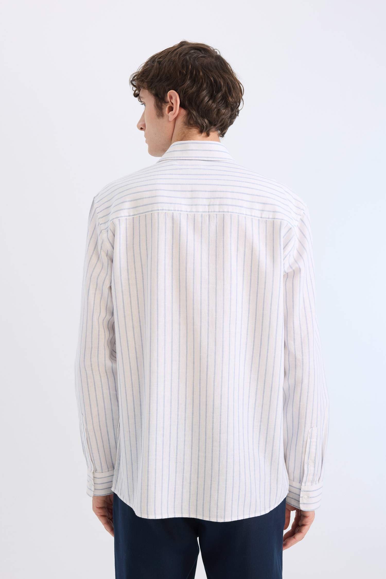 Regular Fit Polo Collar Striped Linen Long Sleeve Shirt