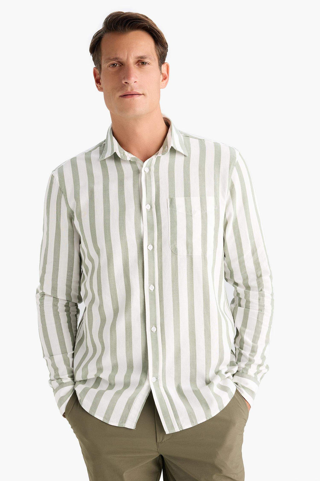 100% Cotton Regular Fit Polo Collar Striped Long Sleeve Shirt