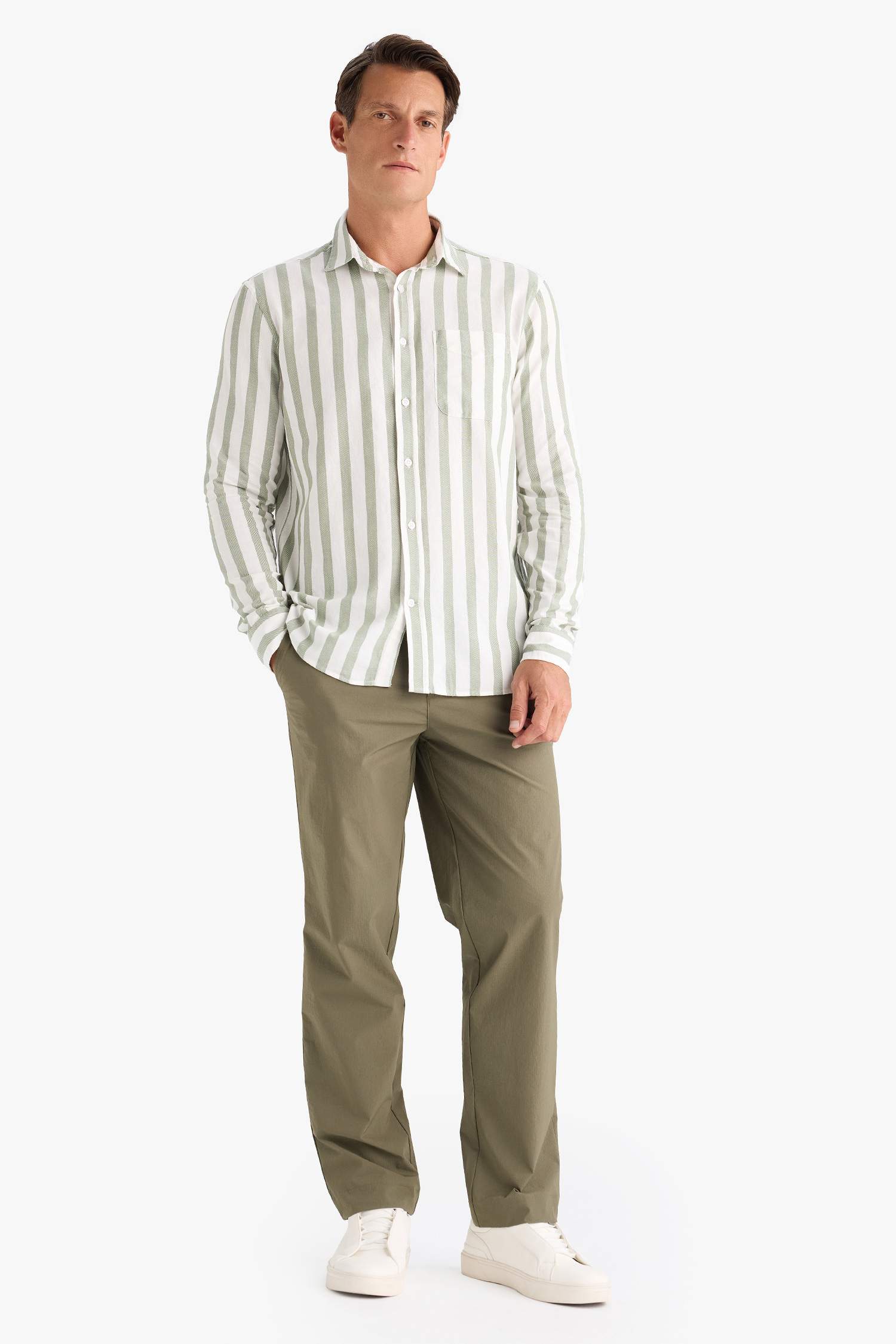 100% Cotton Regular Fit Polo Collar Striped Long Sleeve Shirt