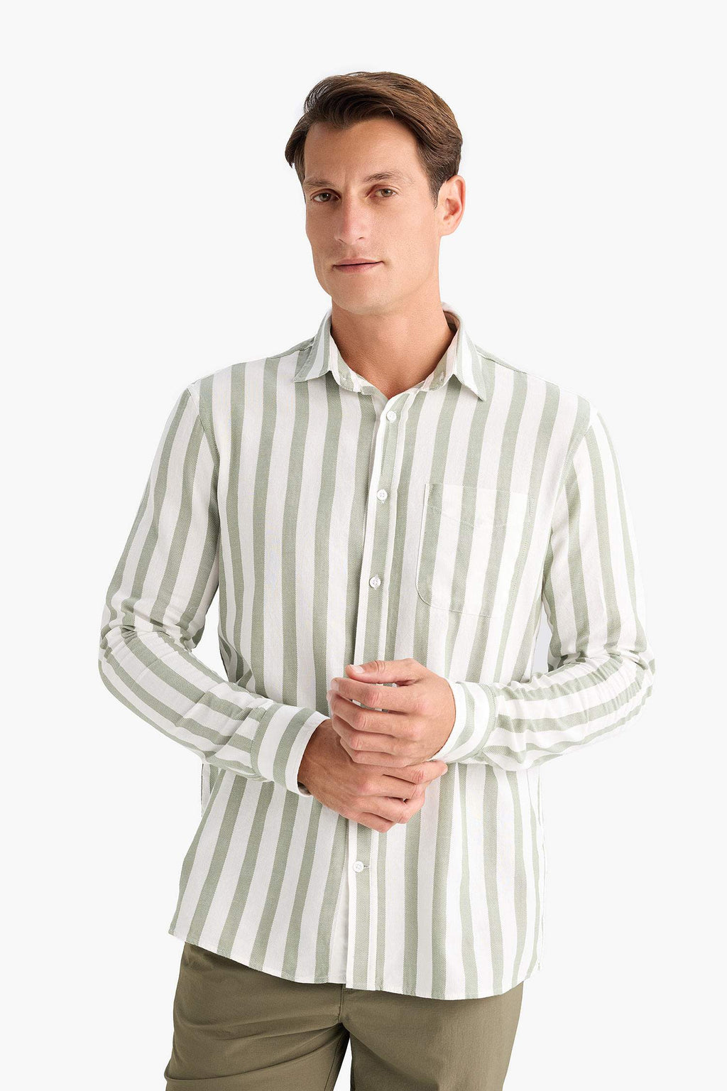 100% Cotton Regular Fit Polo Collar Striped Long Sleeve Shirt
