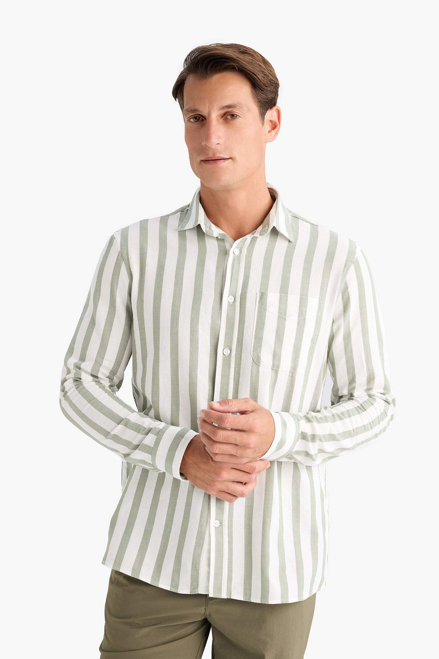 100% Cotton Regular Fit Polo Collar Striped Long Sleeve Shirt