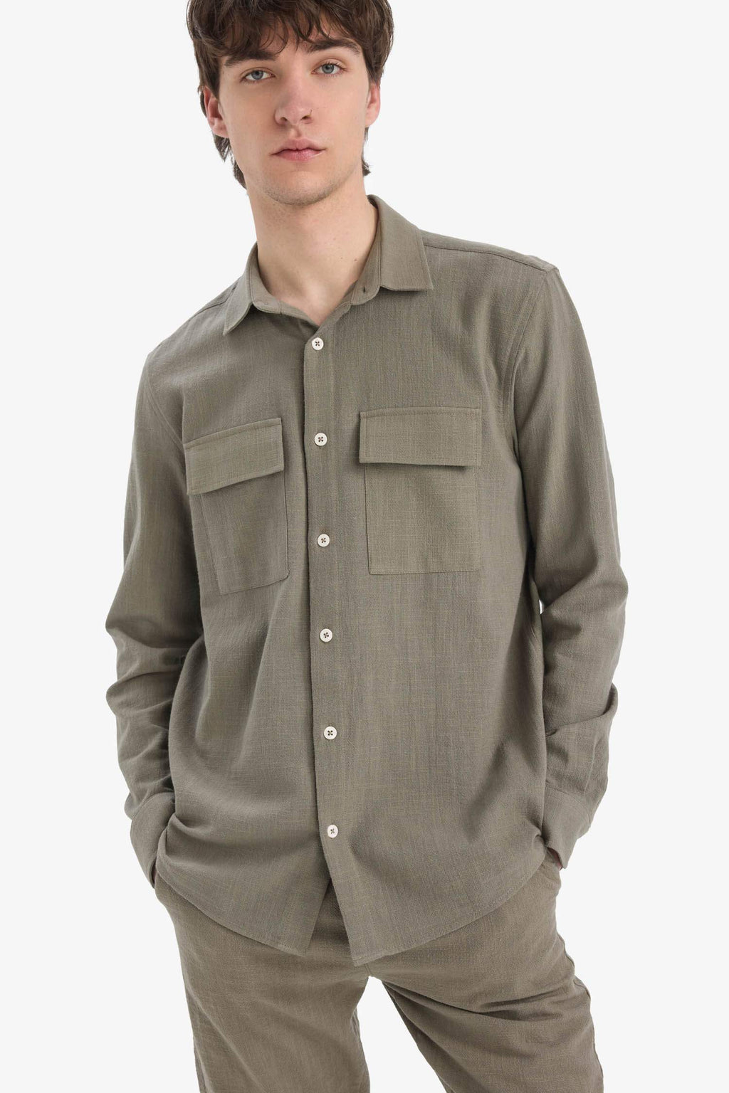 Regular Fit Polo Collar Cotton Long Sleeve Shirt