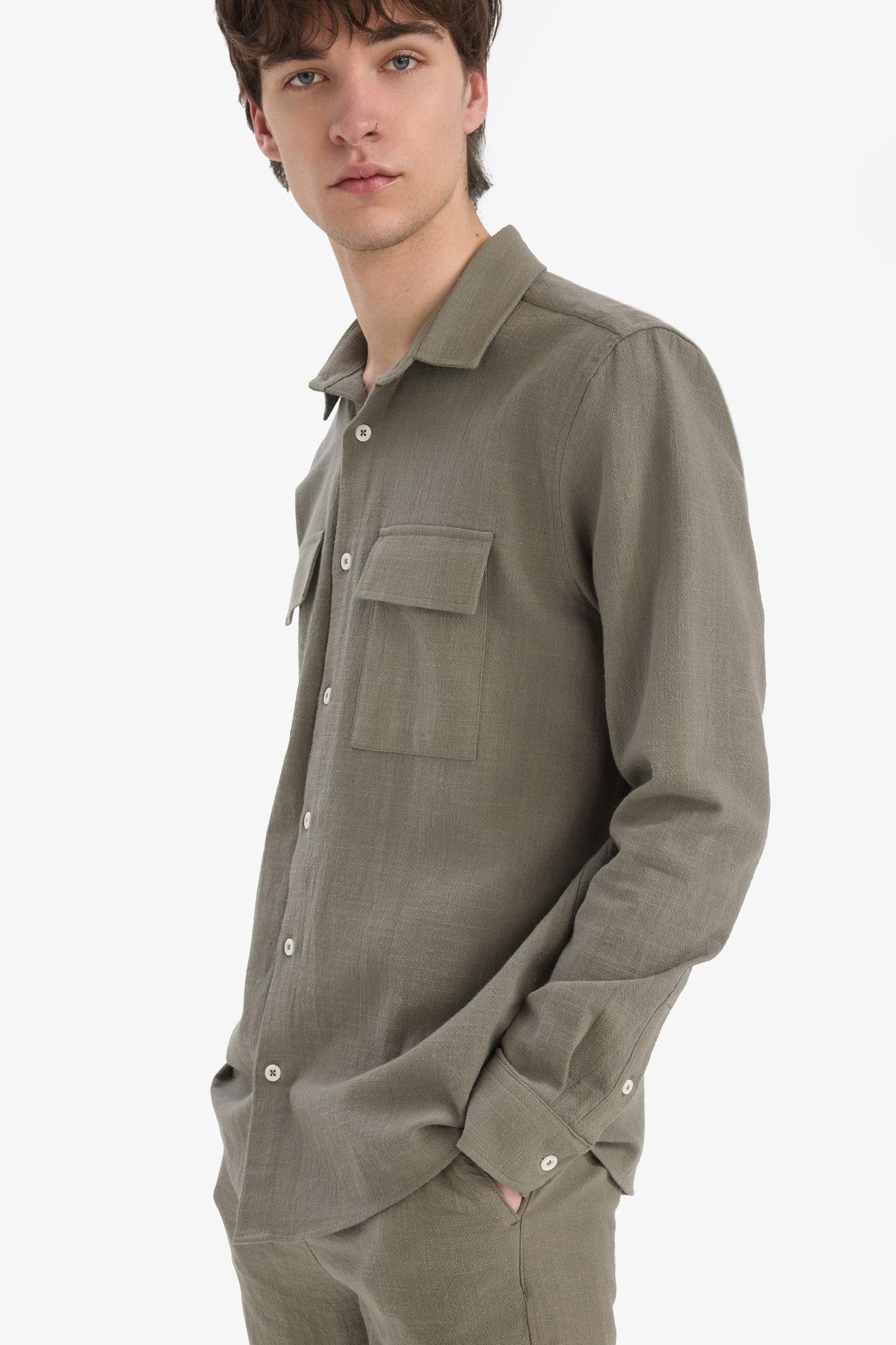 Regular Fit Polo Collar Cotton Long Sleeve Shirt