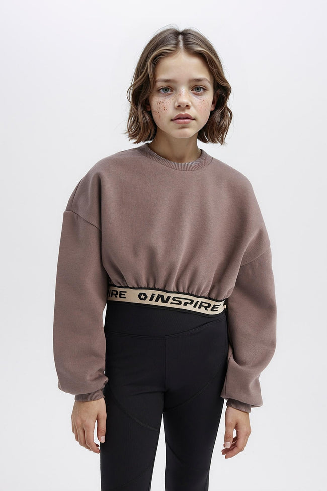 Girls Crop Crew Neck Printed Sweatshirt with Soft Fleece Lining Hover Image