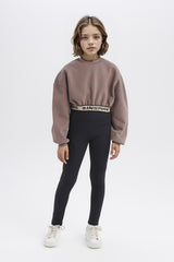 Girls Crop Crew Neck Printed Sweatshirt with Soft Fleece Lining