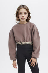 Girls Crop Crew Neck Printed Sweatshirt with Soft Fleece Lining