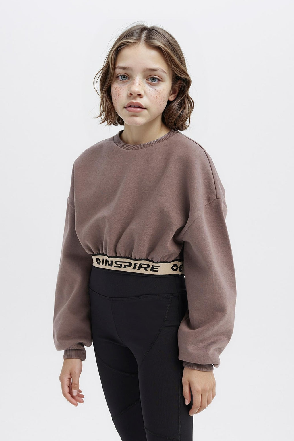 Girls Crop Crew Neck Printed Sweatshirt with Soft Fleece Lining