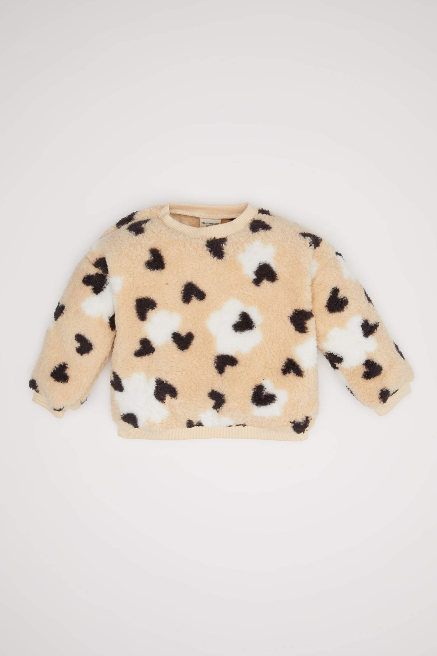 Baby Girl Crew Neck Heart Patterned Soft Furry Inside Welsoft Plush Sweatshirt