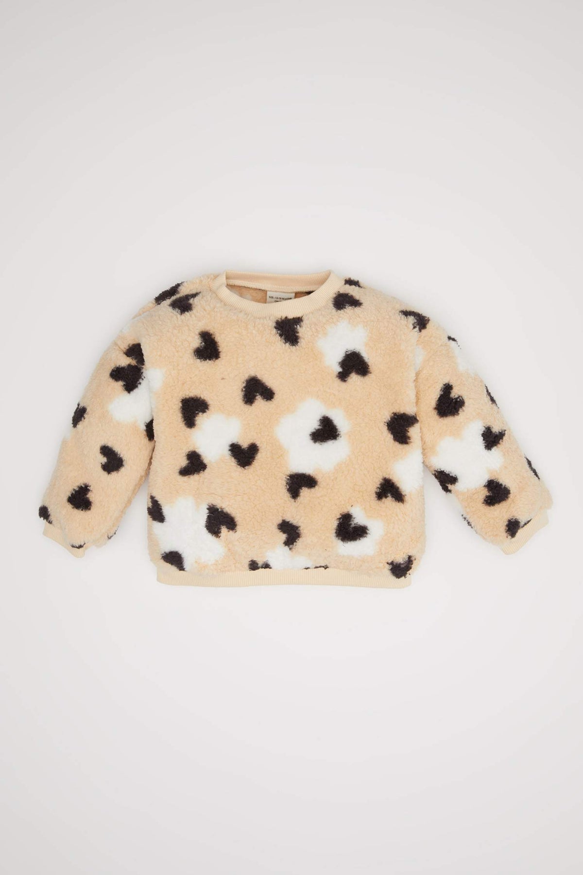 Baby Girl Crew Neck Heart Patterned Soft Furry Inside Welsoft Plush Sweatshirt