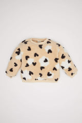 Baby Girl Crew Neck Heart Patterned Soft Furry Inside Welsoft Plush Sweatshirt