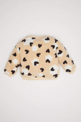 Baby Girl Crew Neck Heart Patterned Soft Furry Inside Welsoft Plush Sweatshirt