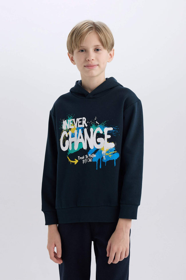 Boys Hooded Printed Sweatshirt with Soft Fleece Lining Hover Image