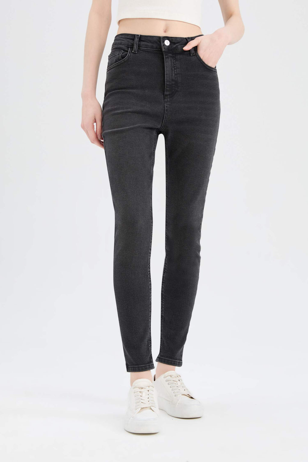 Skinny Fit High Waist Straight Leg Long Jean Snow Wash Pants