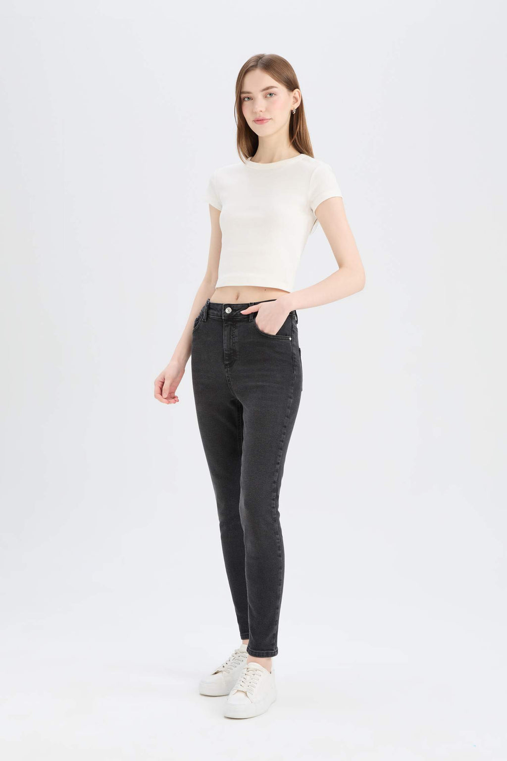 Skinny Fit High Waist Straight Leg Long Jean Snow Wash Pants