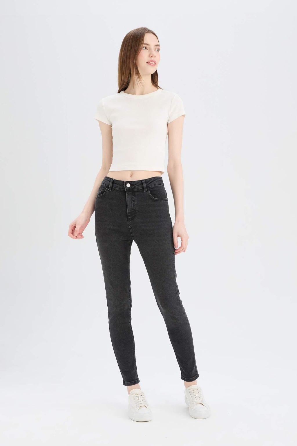 Skinny Fit High Waist Straight Leg Long Jean Snow Wash Pants