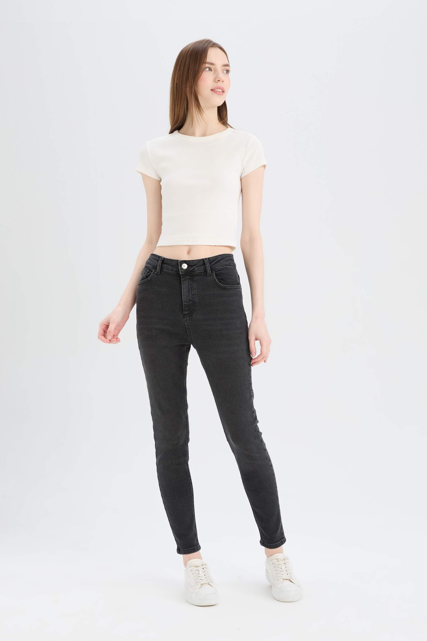 Skinny Fit High Waist Straight Leg Long Jean Snow Wash Pants
