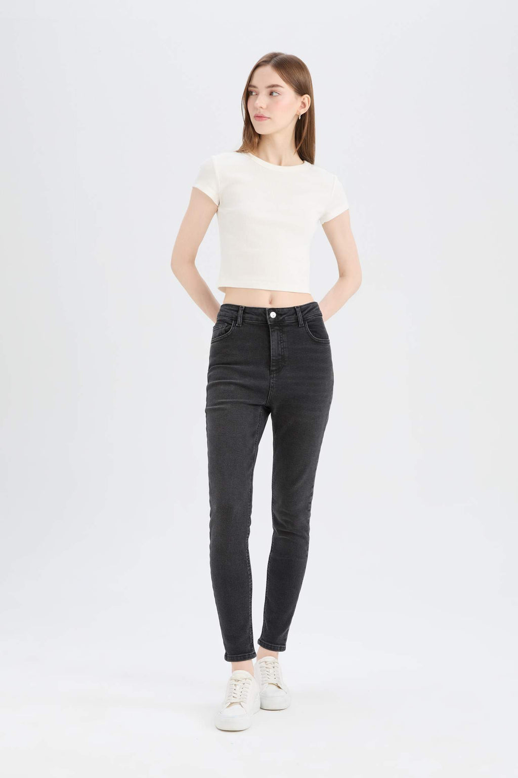 Skinny Fit High Waist Straight Leg Long Jean Snow Wash Pants