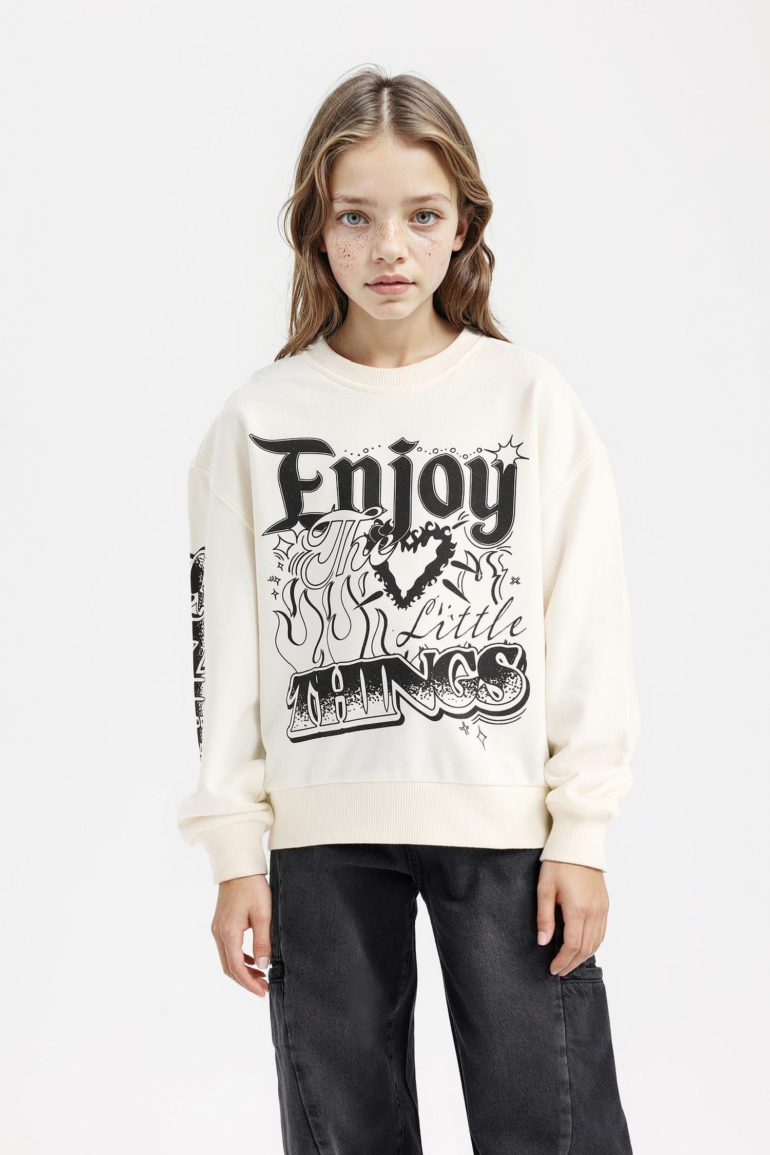 Girls Oversize Loose Fit Crew Neck Printed Sweatshirt