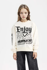 Girls Oversize Loose Fit Crew Neck Printed Sweatshirt