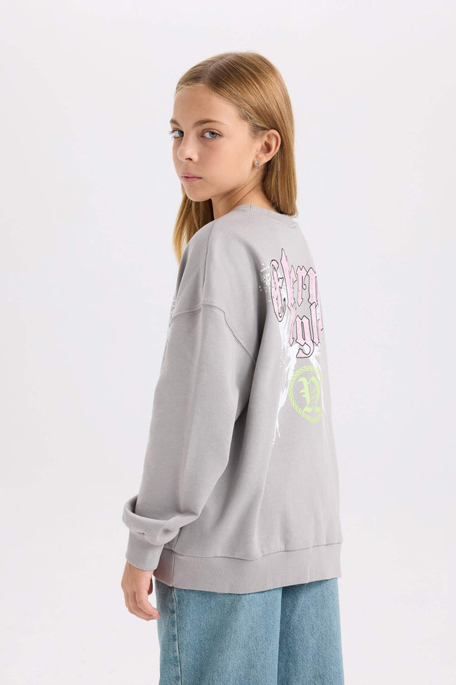 Girls Gray Oversize Wide Pattern Crew Neck Back Printed Sweatshirt Hover Image