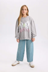 Girls Gray Oversize Wide Pattern Crew Neck Back Printed Sweatshirt