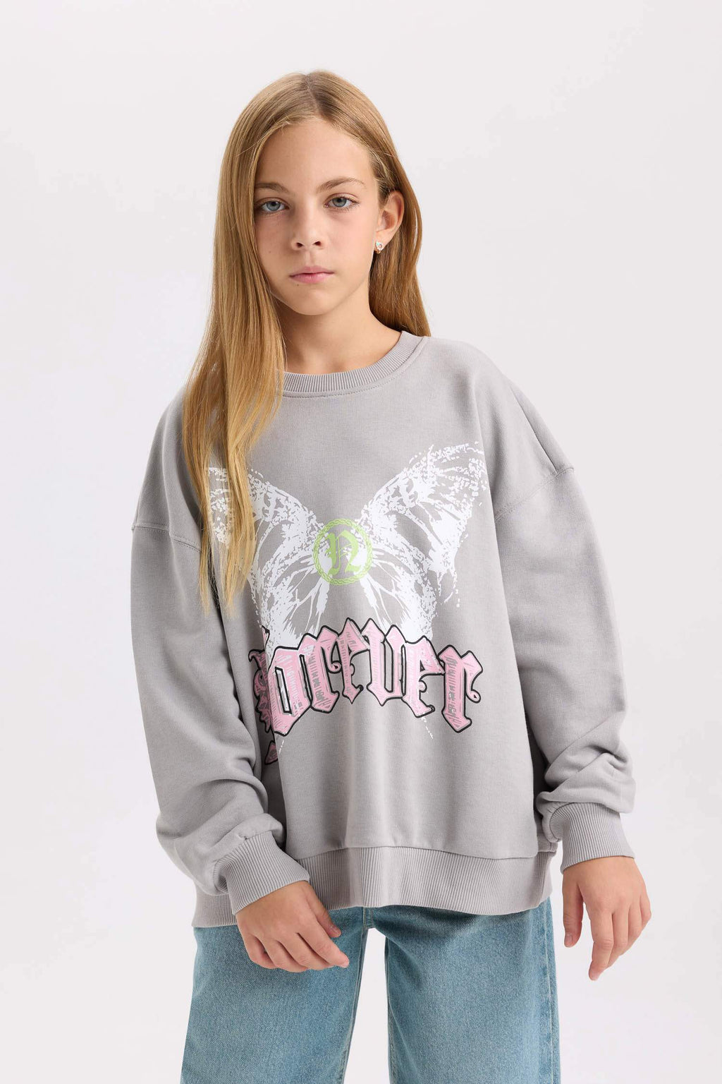 Girls Gray Oversize Wide Pattern Crew Neck Back Printed Sweatshirt