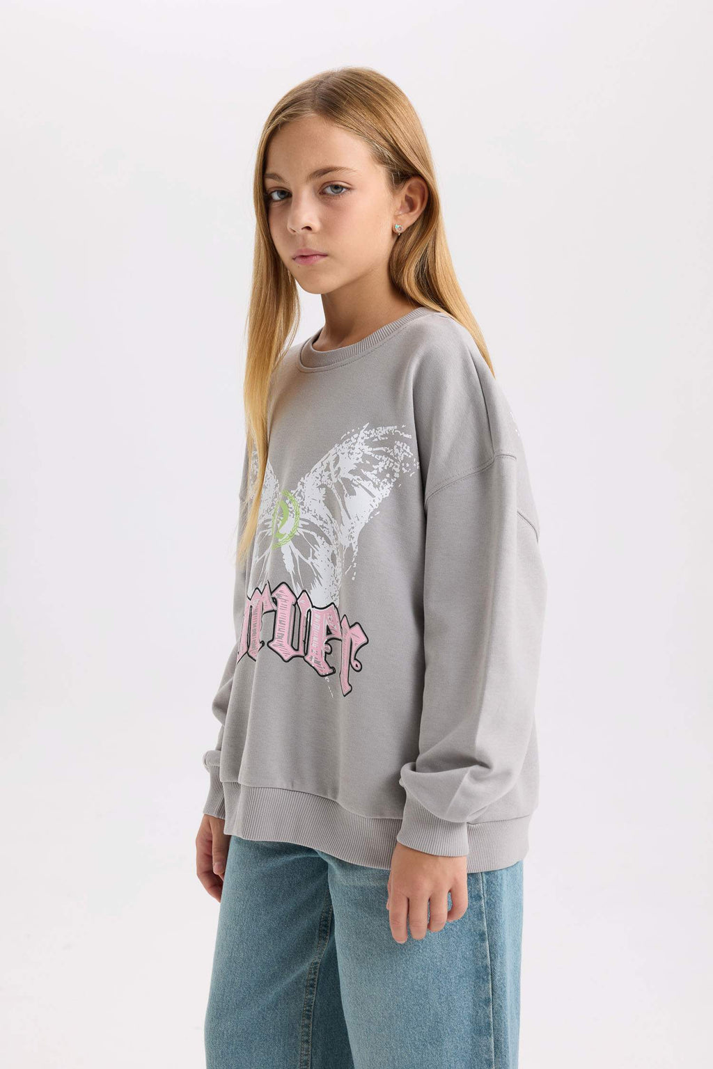 Girls Gray Oversize Wide Pattern Crew Neck Back Printed Sweatshirt