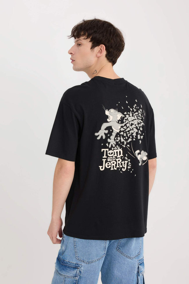 100% Cotton Tom & Jerry Boxy Fit Crew Neck Back Printed Short Sleeve T-Shirt Hover Image