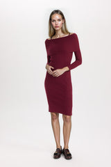 Fitted Open Shoulder Basic Plain Long Sleeve Bodycon Midi Knit Dress