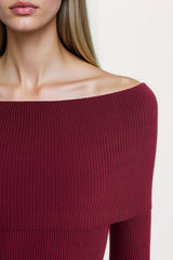 Fitted Open Shoulder Basic Plain Long Sleeve Bodycon Midi Knit Dress