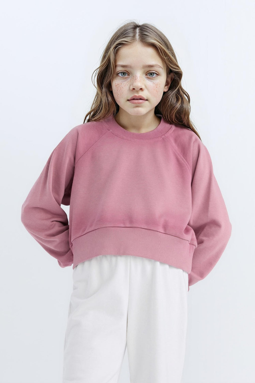 Girls Relax Fit Crew Neck Crop Basic Plain Sweatshirt