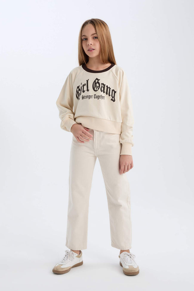 Girls Relax Fit Crew Neck Printed Sweatshirt with Soft Fleece Lining Main Image