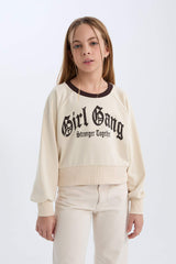 Girls Relax Fit Crew Neck Printed Sweatshirt with Soft Fleece Lining