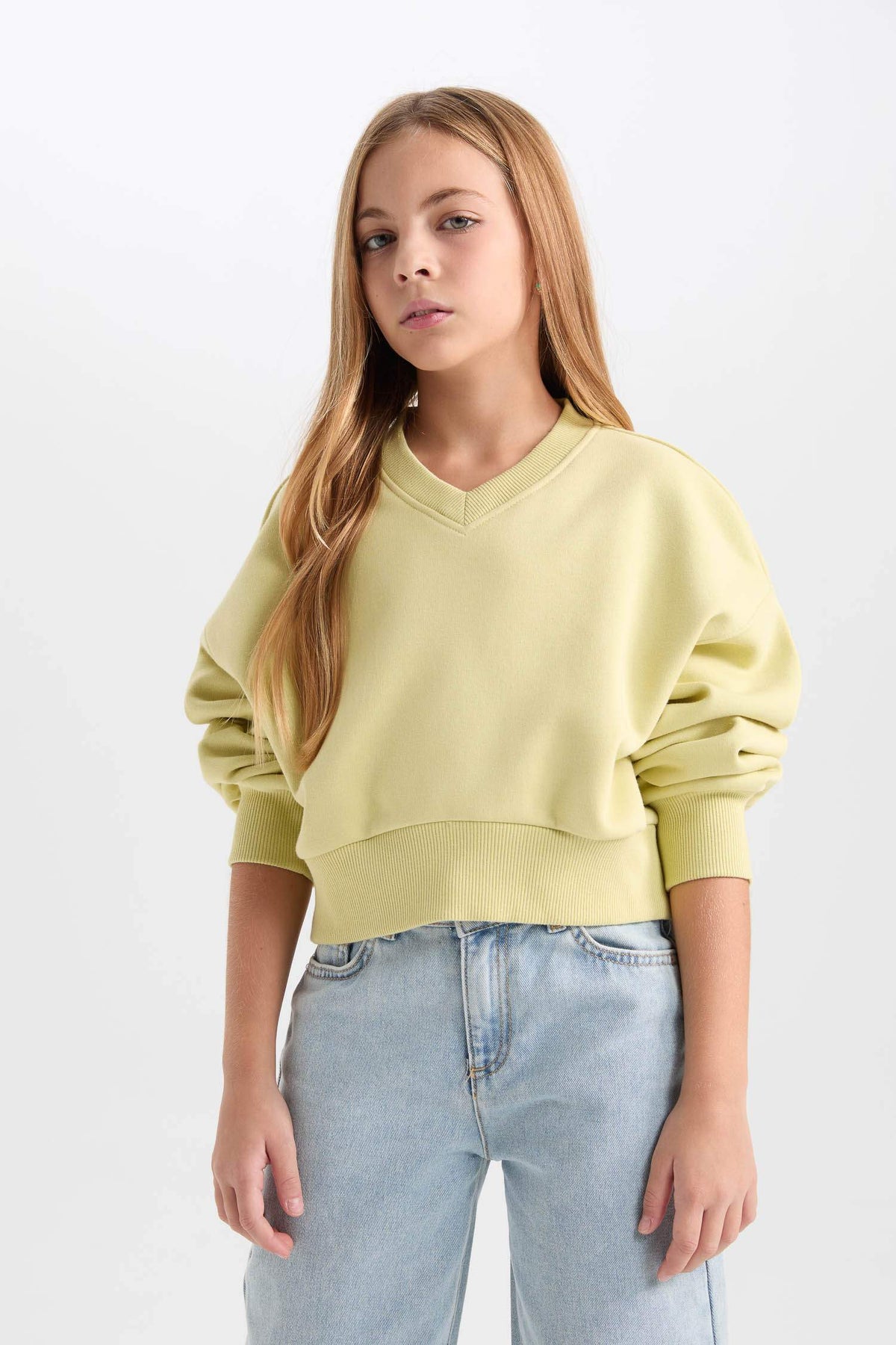 Girls Cropped Fit V-Neck Basic Plain Sweatshirt