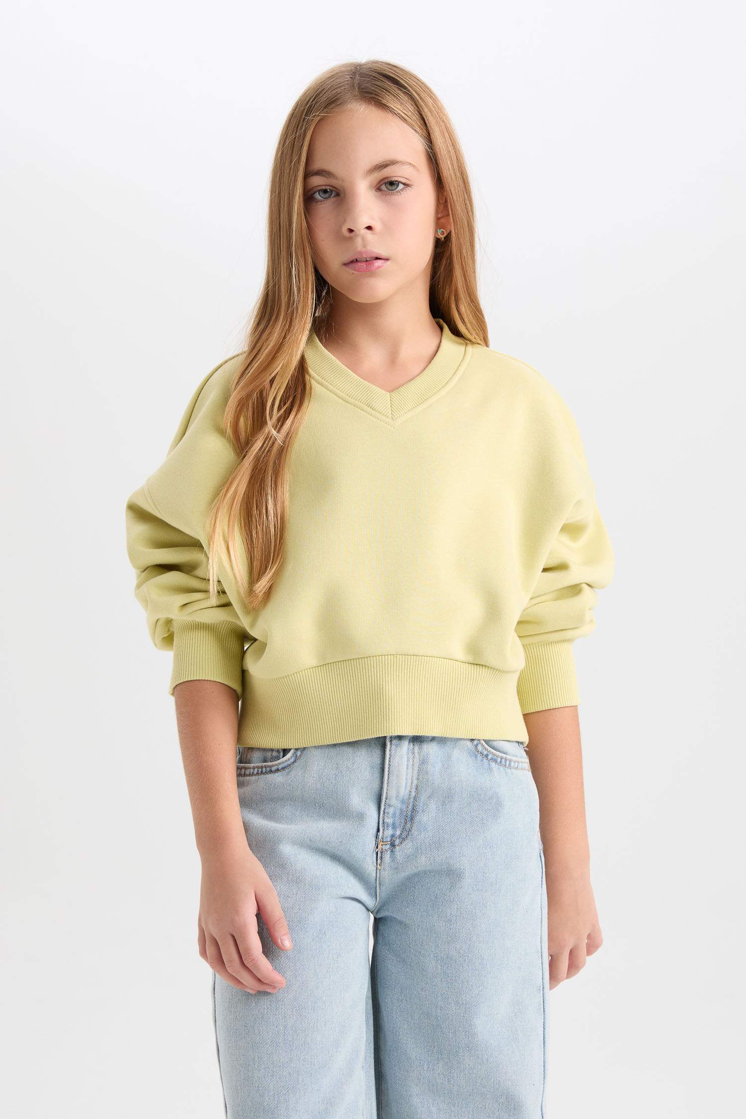 Girls Cropped Fit V-Neck Basic Plain Sweatshirt
