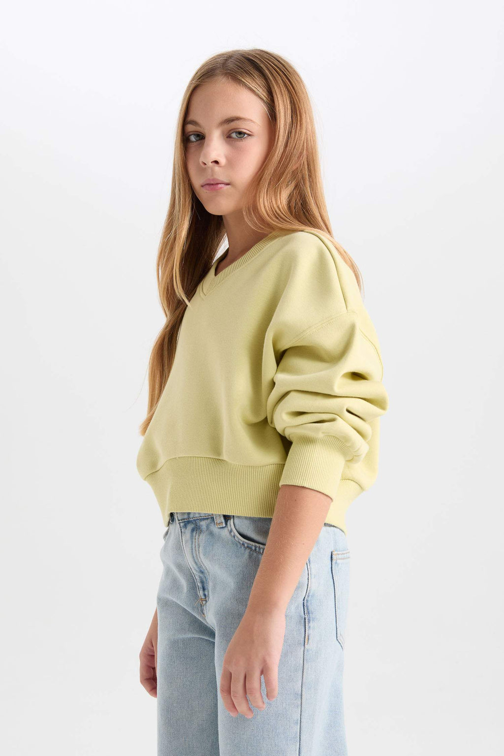 Girls Cropped Fit V-Neck Basic Plain Sweatshirt
