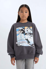 Girls Oversize Wide Pattern Crew Neck Printed Sweatshirt