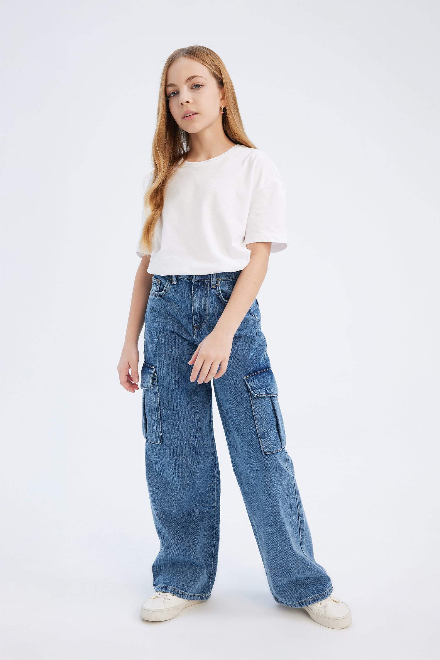 Girl Wide Leg Cotton Cargo Jeans