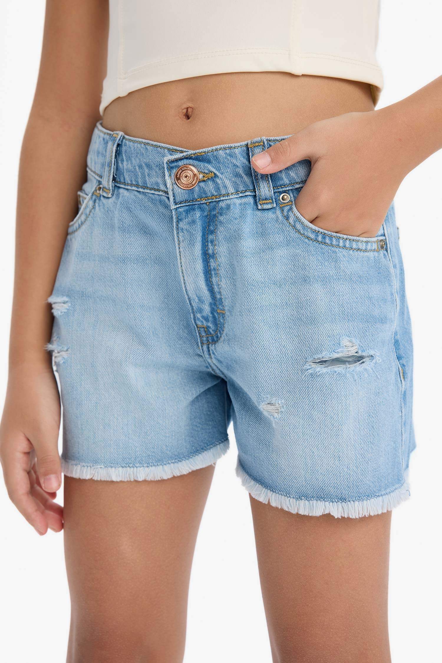 Girl Ripped Detailed Cotton Shorts