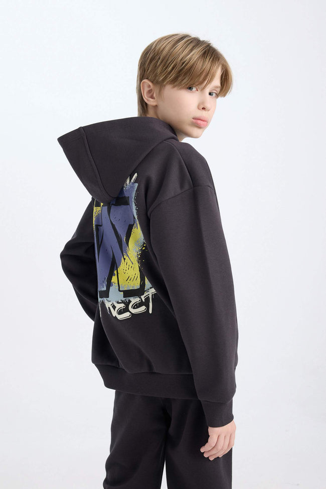 Boy Oversize Fit Mold Back Printed Hooded Sweatshirt Hover Image