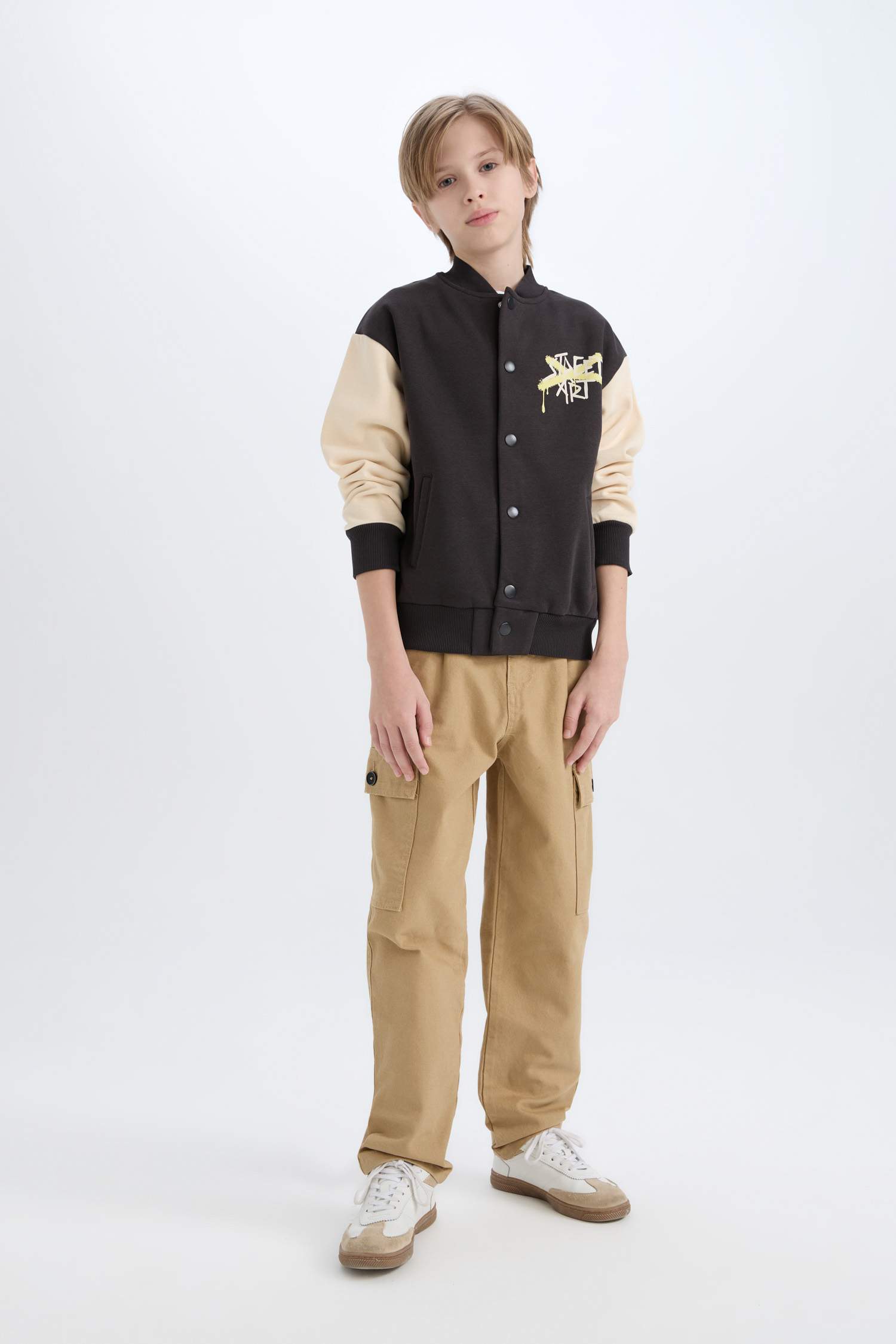 Boys College Collar Back Printed Snap-On Bomber Jacket