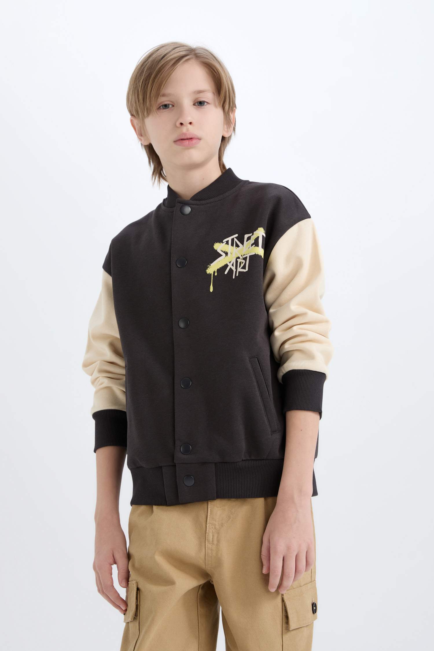 Boys College Collar Back Printed Snap-On Bomber Jacket