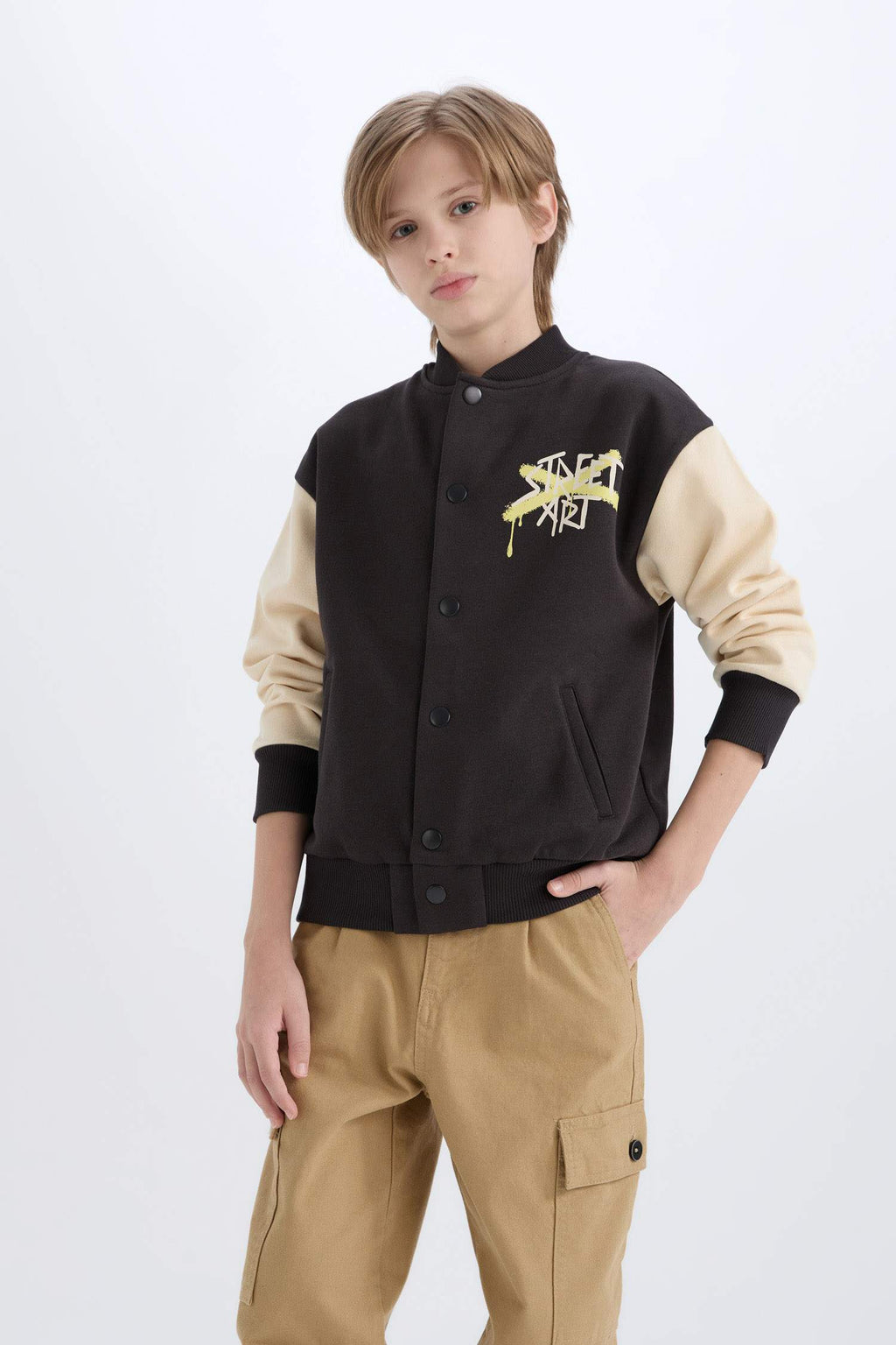 Boys College Collar Back Printed Snap-On Bomber Jacket