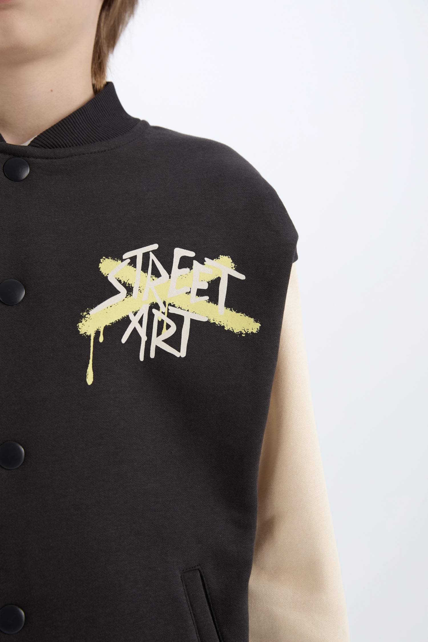 Boys College Collar Back Printed Snap-On Bomber Jacket