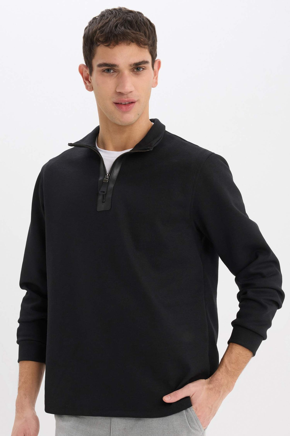 Regular Fit Stand Collar Half Zipper Basic Plain Sweatshirt