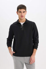 Regular Fit Stand Collar Half Zipper Basic Plain Sweatshirt