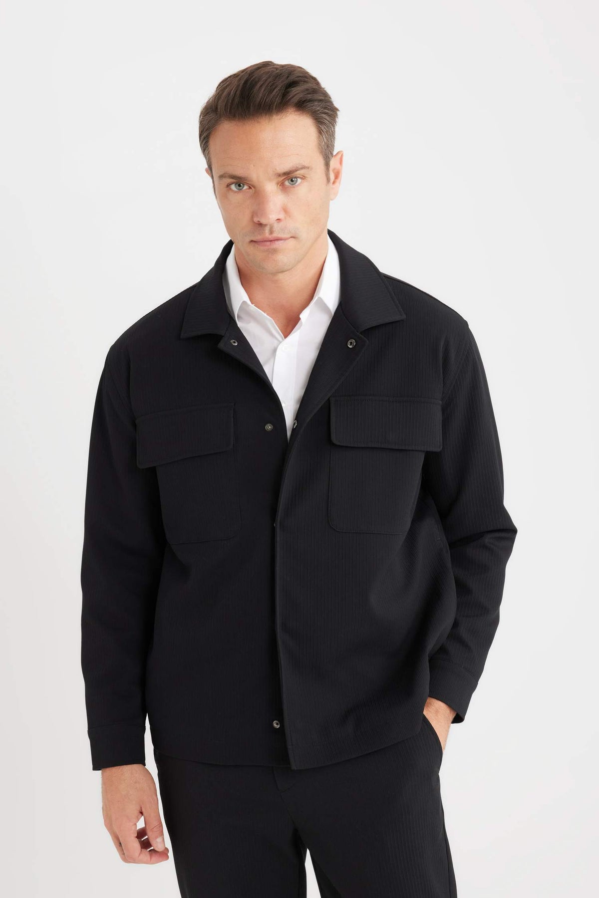 Relax Fit Polo Collar Shirt Jacket with Snap Pockets