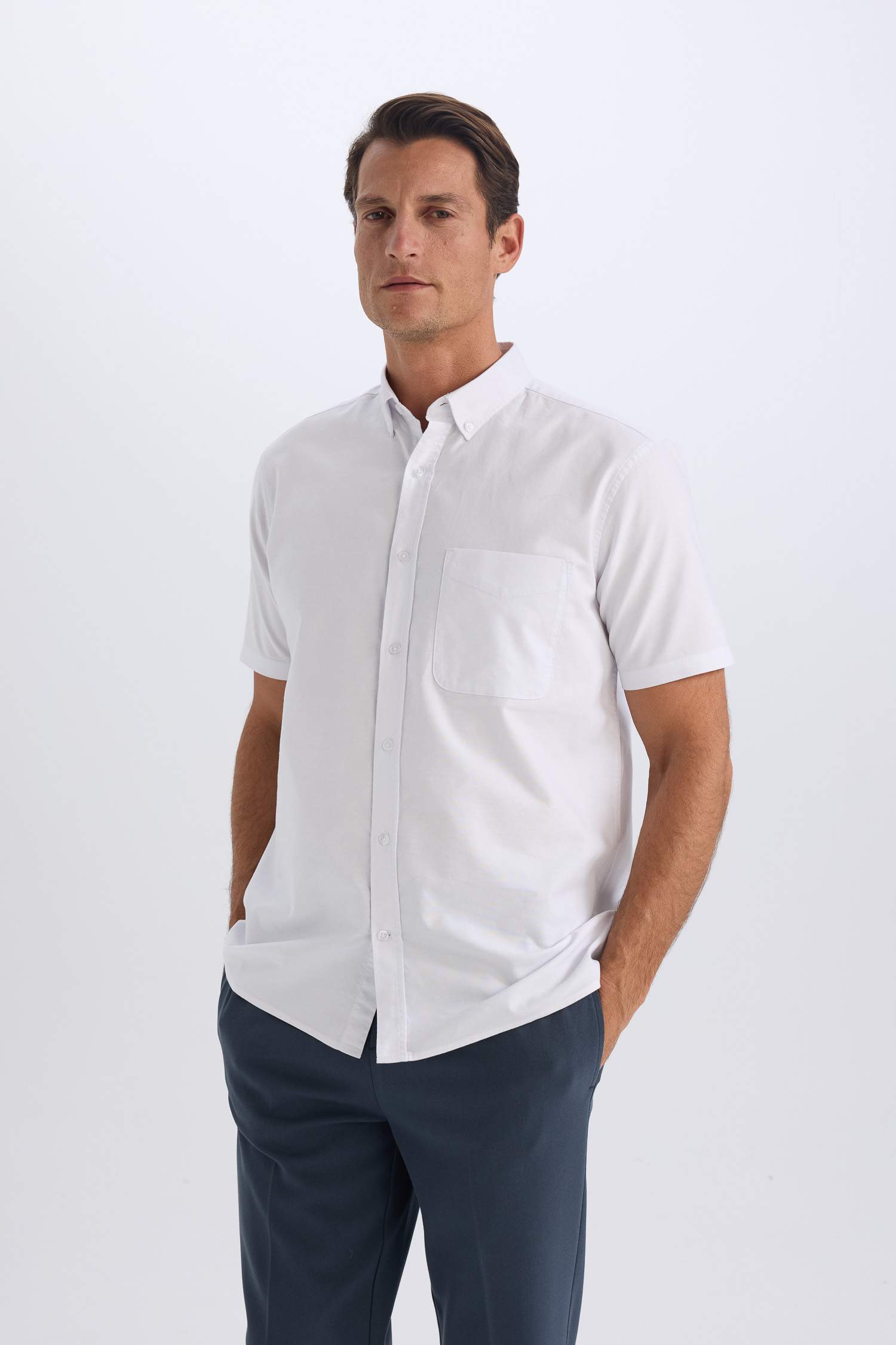 Regular Fit Polo Collar Oxford Short Sleeve Shirt
