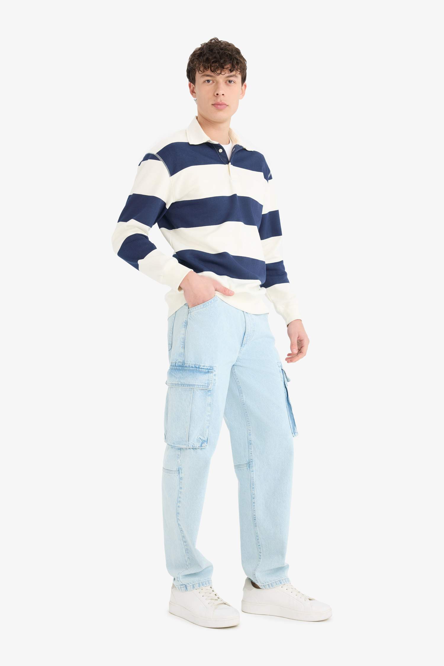 Relax Fit Polo Collar Striped Thick Sweatshirt